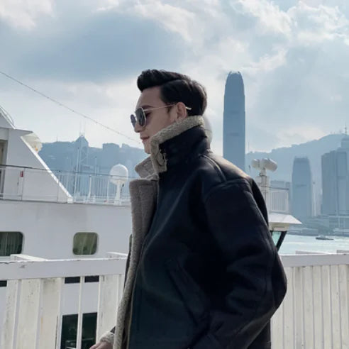 Korean Black Suede Shearling Motorcycle Jacket for Men